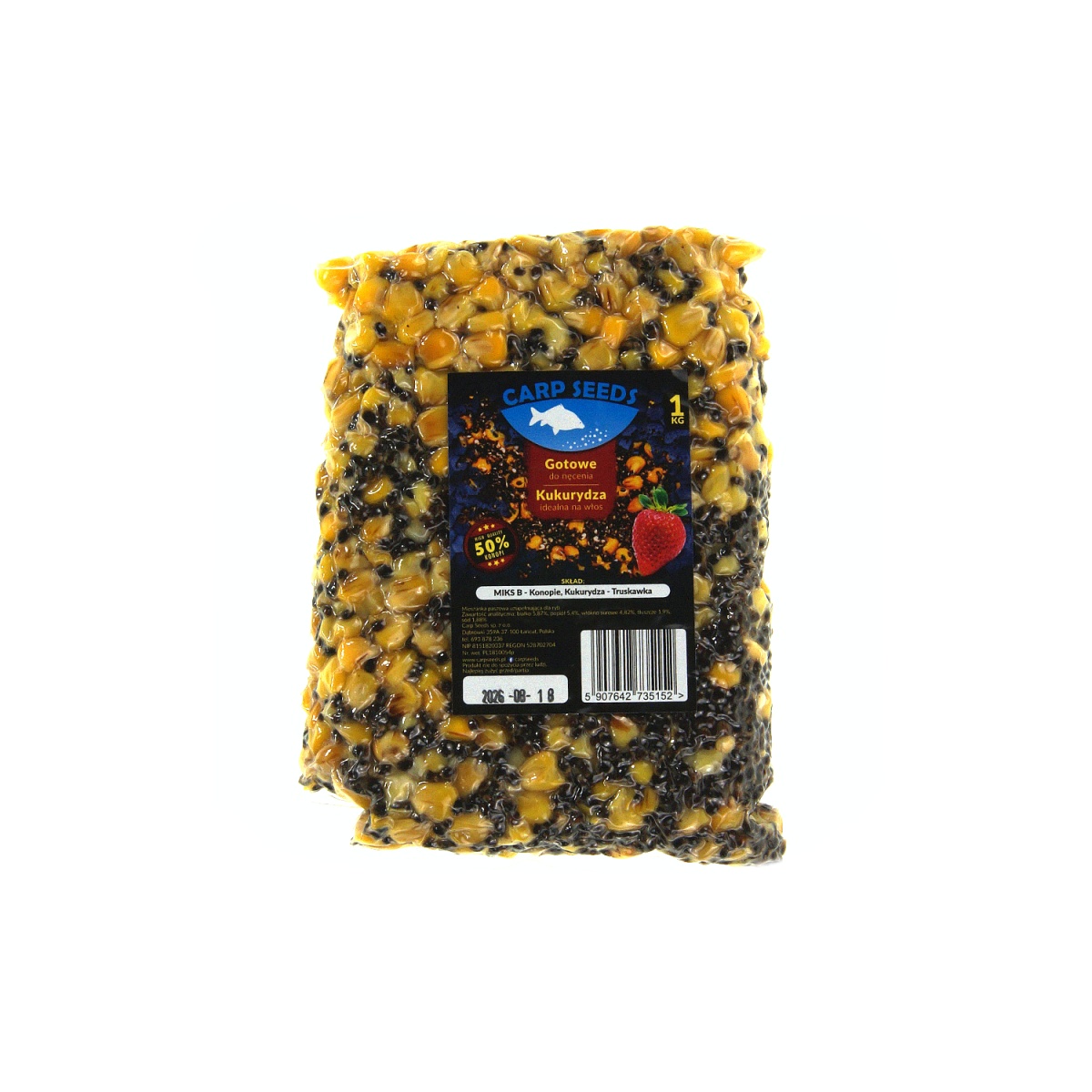 Carp Seeds Mix - Konopie, Kukurydza - Truskawkaopakowanie 1kg - EAN: 5907642735152