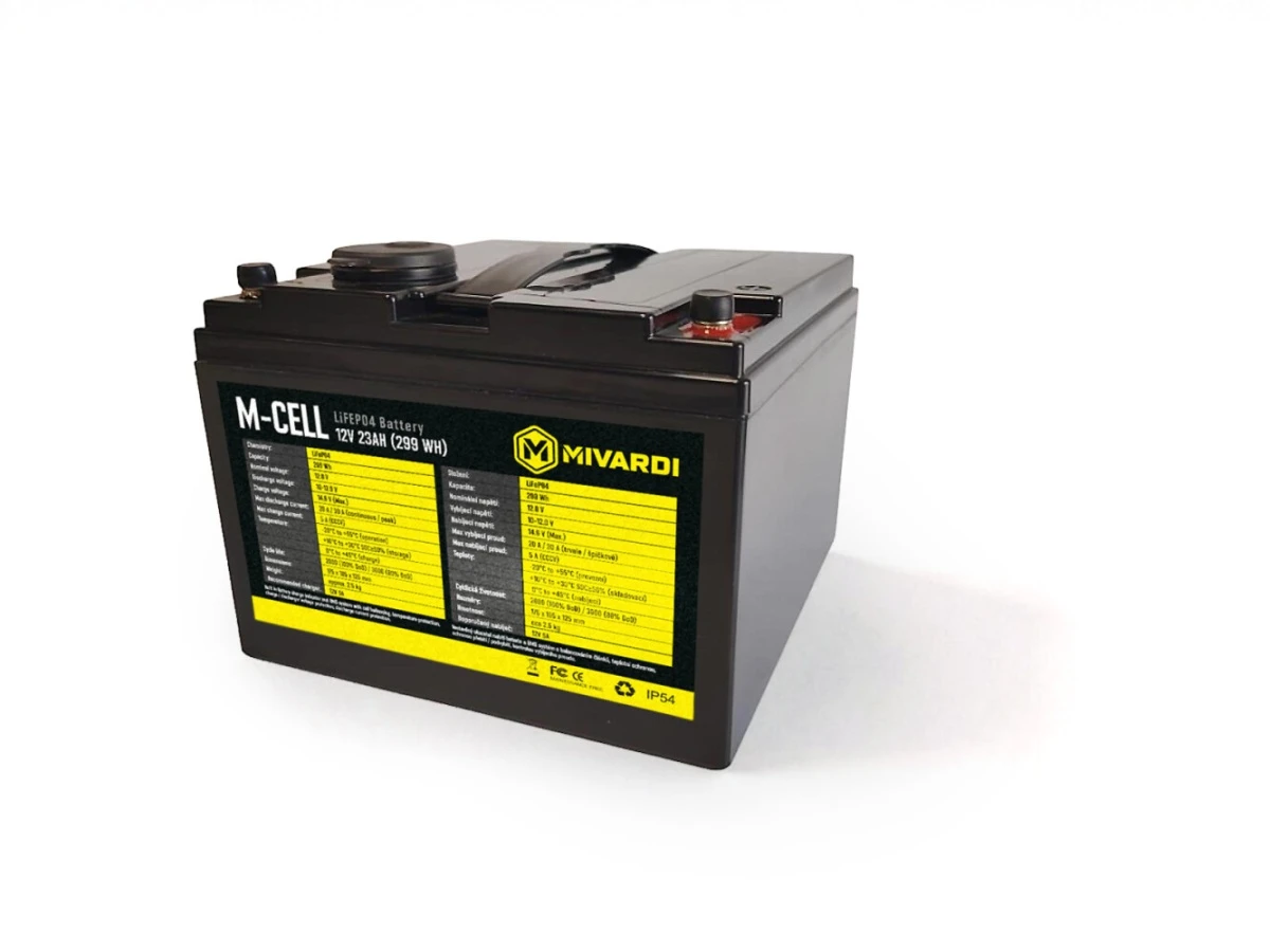 Mivardi M-CELL LiFePO4 12V 23Ah + 5A chargermodelis 23Ah + 5A įkroviklis - MPN: M-MCELL1223LFC - EAN: 8595712423947