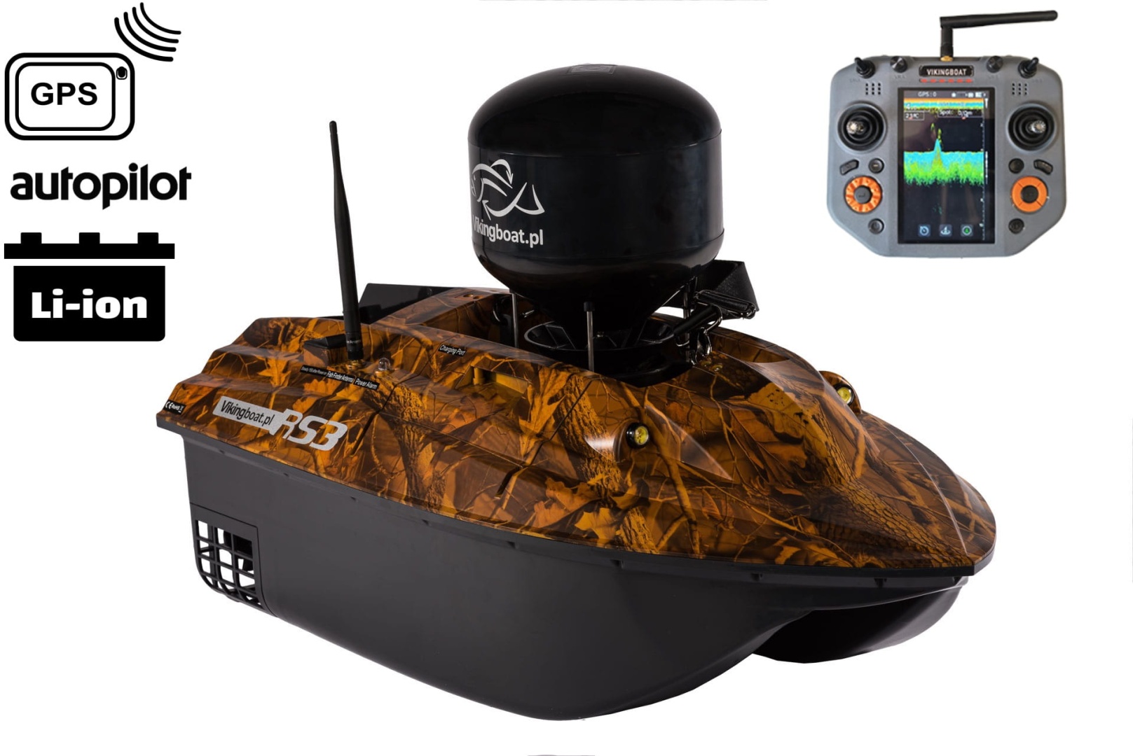 Viking Boat RS3 CAMO - (Sonda Todo en Uno con Control Remoto + Dispersor de Cebo)