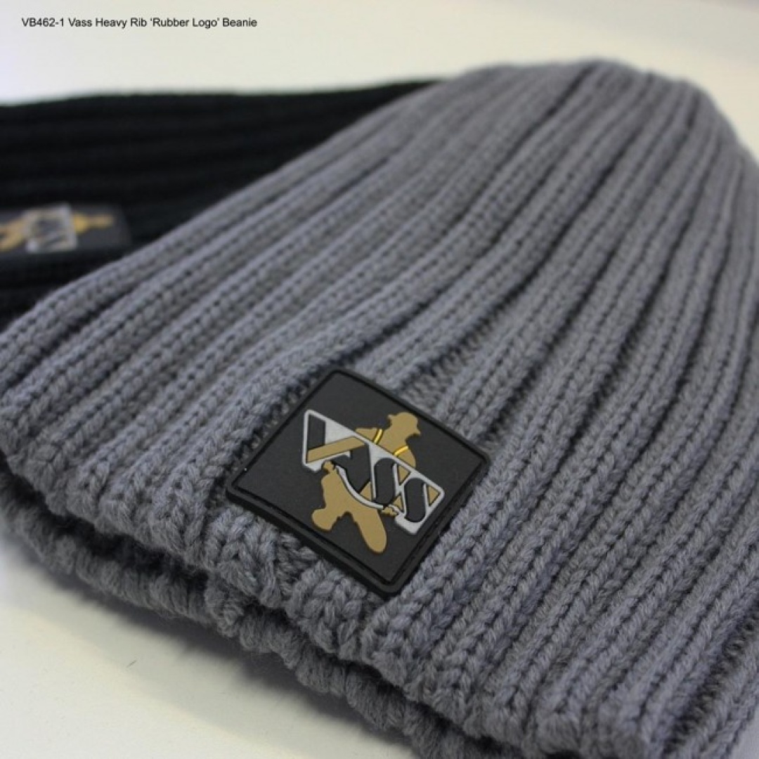 Vass Fleece Lined Ribbed Beanie Grey Rubber Badge