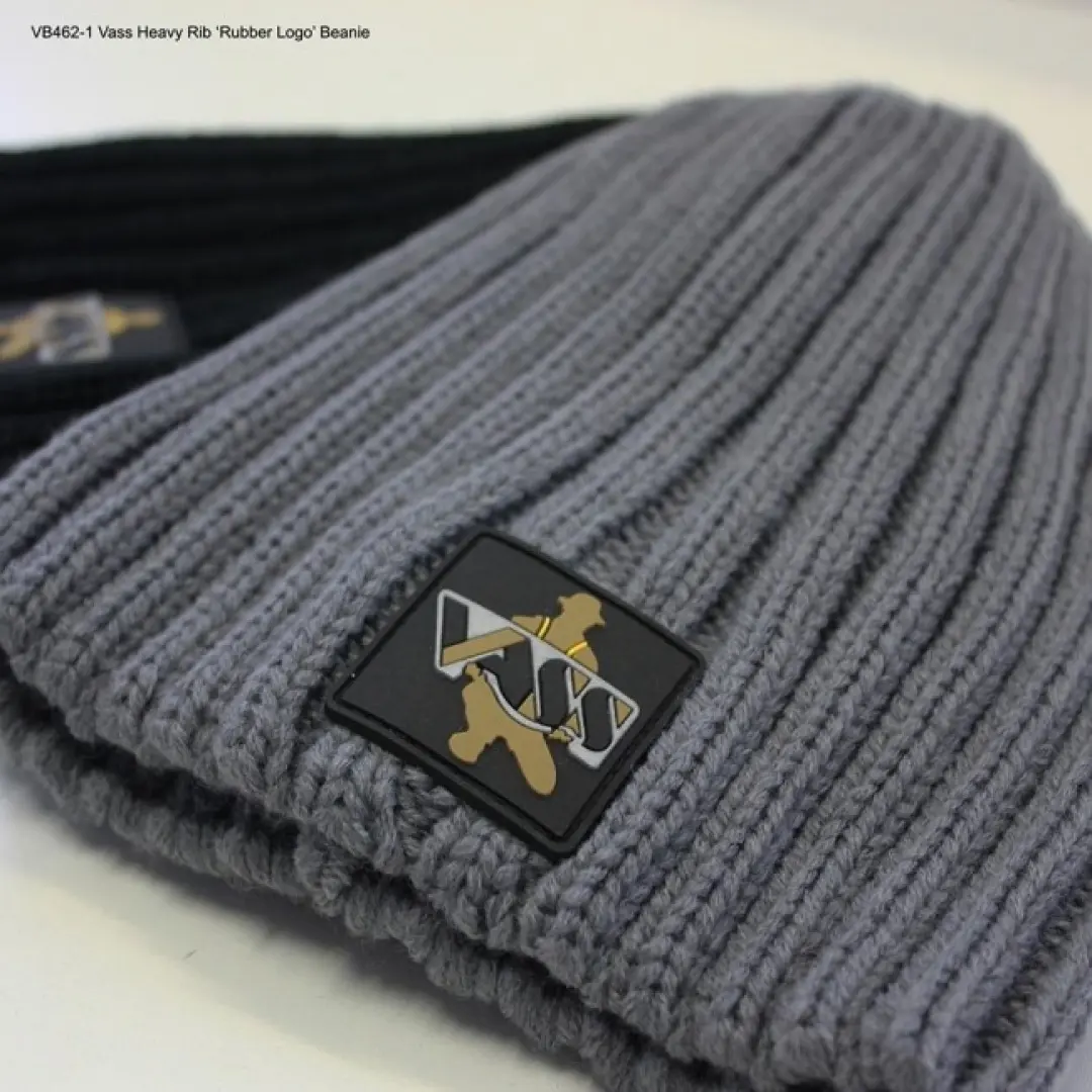Vass Fleece Lined Ribbed Beanie Grey Rubber Badge
