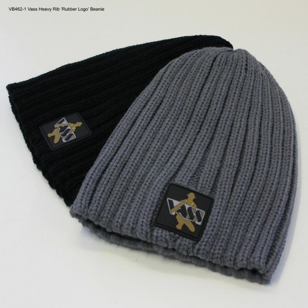 Vass Fleece Lined Ribbed Beanie Grey Rubber Badge