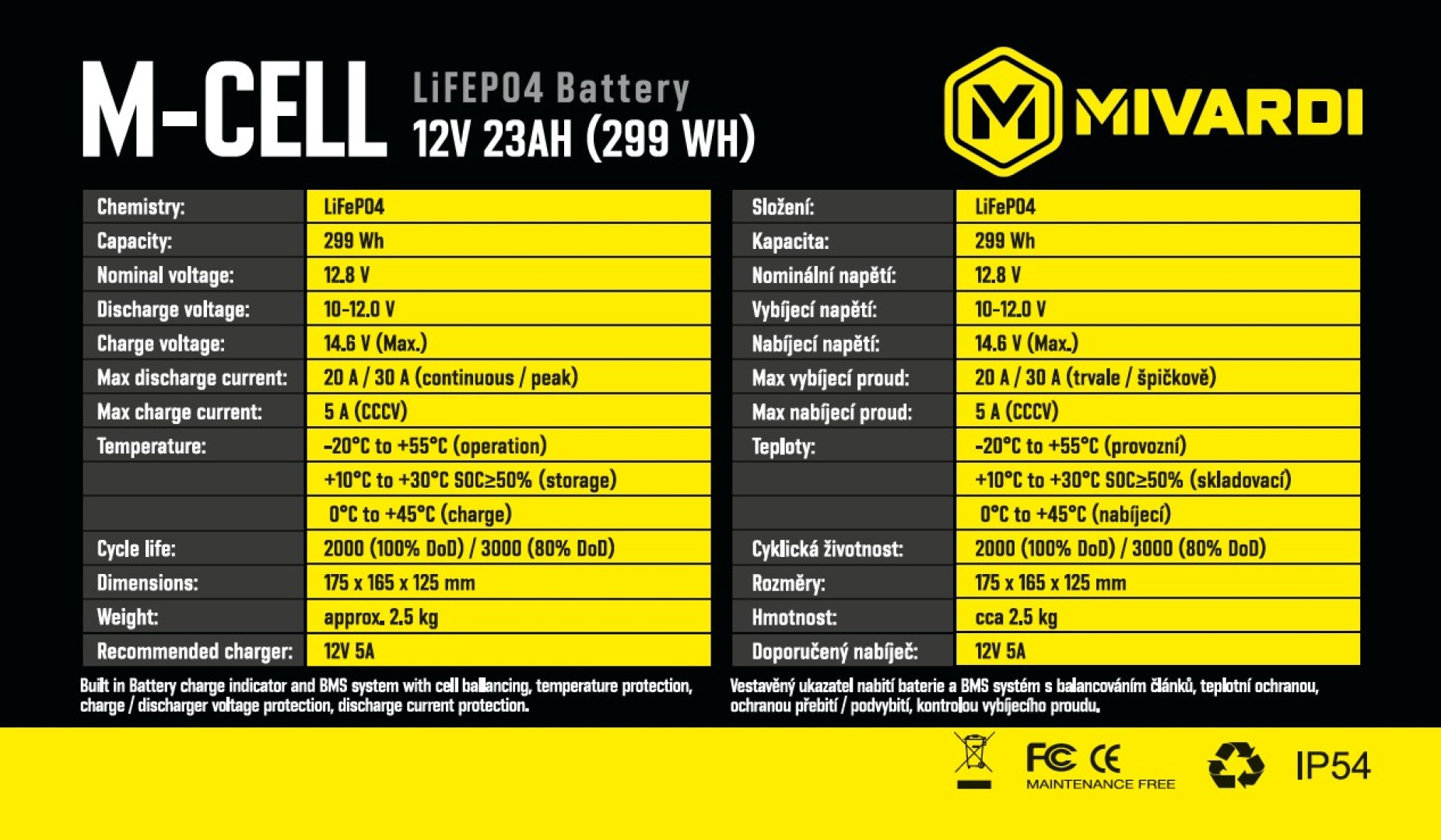 Mivardi M-CELL LiFePO4 12V 23Ah + 5A charger