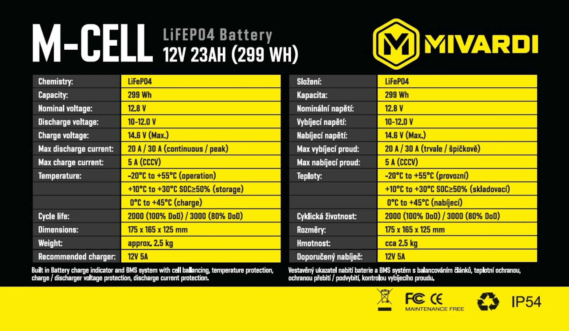 Mivardi M-CELL LiFePO4 12V 23Ah + 5A charger