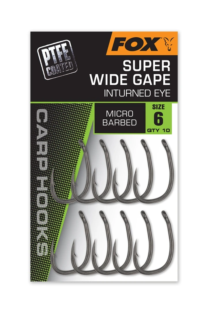 Fox Carp Hooks Super Wide Gape (Inturned Eye) - (avec revêtement PTFE)